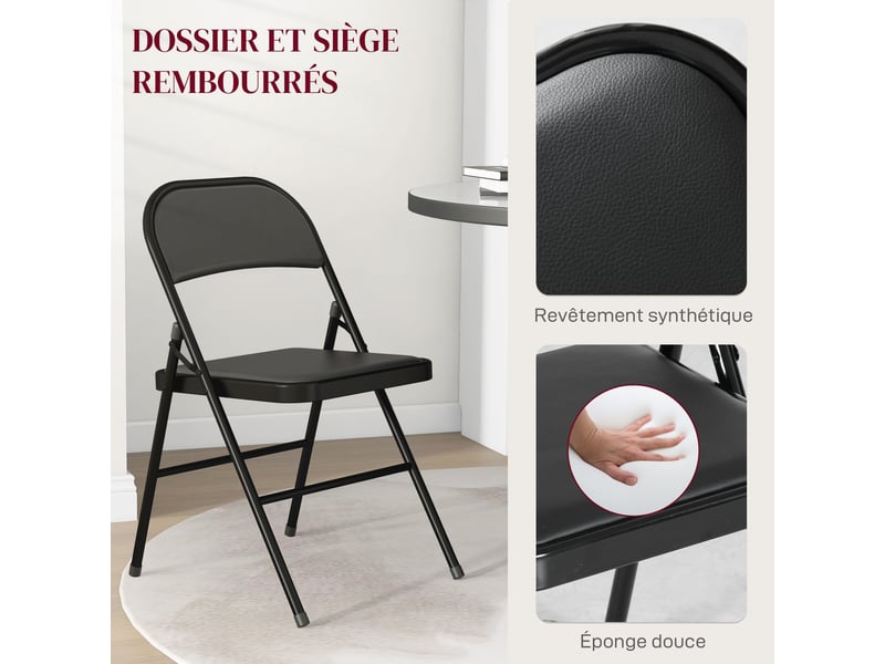  Lot de 2 chaises pliantes chaises de salle à manger portables cadre en acier noir dim. 45l x 46p x 78h cm  - Conforama A