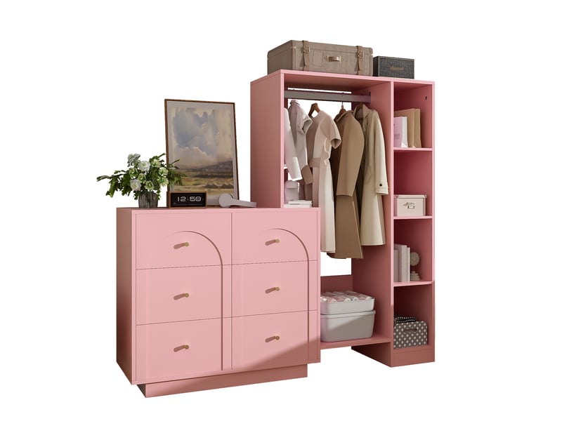  Armoire ouverte avec penderie, 6 tiroirs et étagères pour chambre en panneaux de particules rose 139 × 35 × 133 cm  - Conforama A