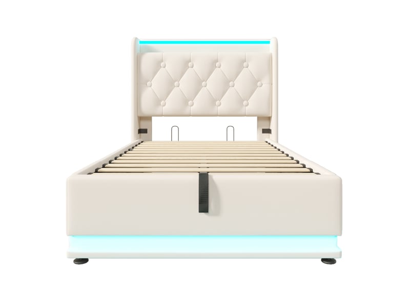  Lit coffre simple 90x200 cm avec led et rangements, pu, blanc, sans matelas  - Conforama C