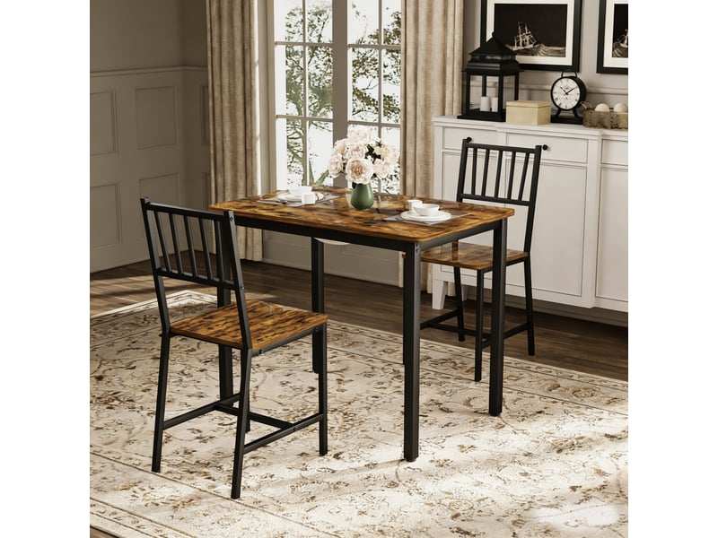 Ensemble repas industriel 3 pièces, table compacte pour petite cuisine avec 2 chaises, plateau marron rustique et cadre noir - Conforama B