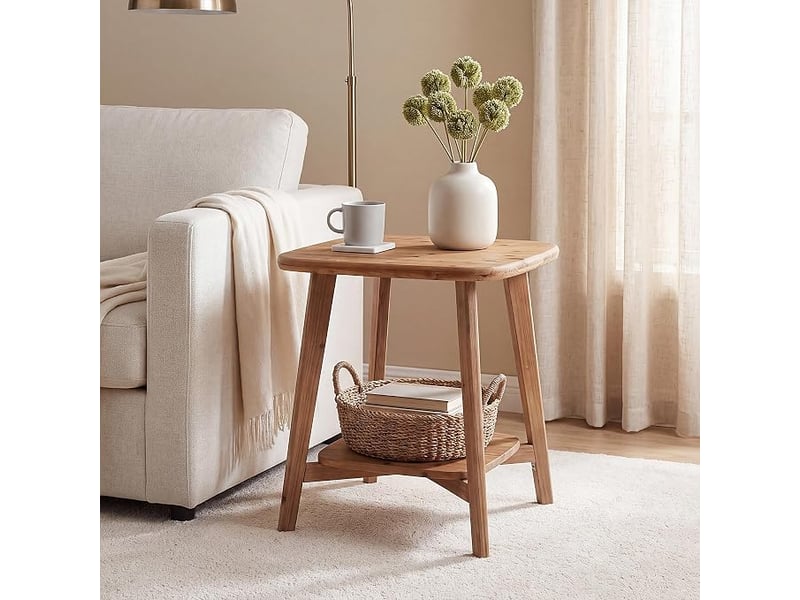 Bout de canapé en bois massif à coins arrondis, table d'appoint carrée style ferme avec rangement, petite table de chevet à deux niveaux pour salon et chambre - Conforama B