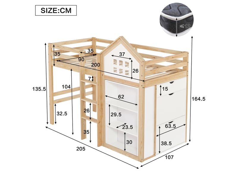  Lit mezzanine enfant 90x200 cm – blanc et naturel – design maison, 3 tiroirs, marches sécurisées et barrières  - Conforama C