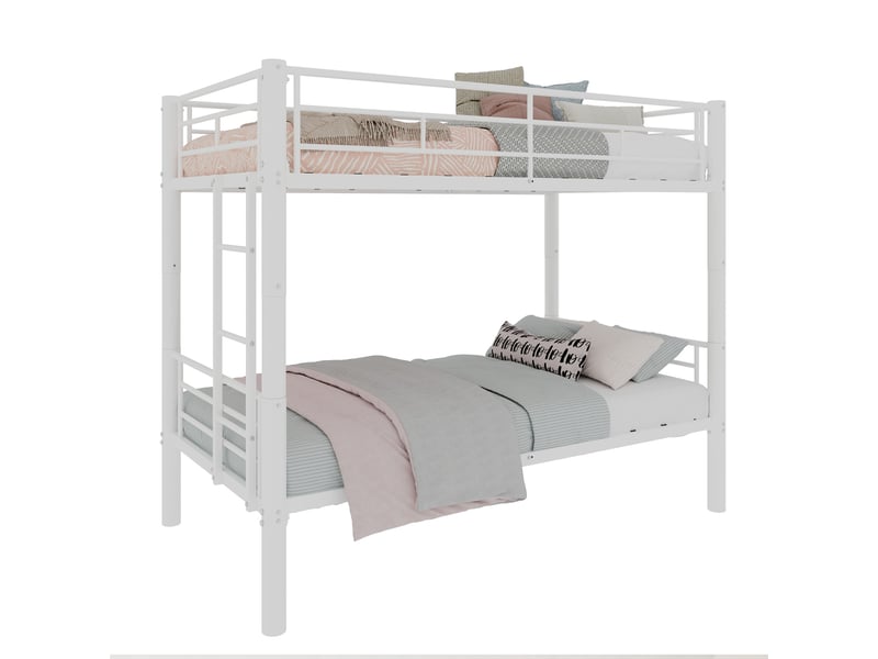  Lit superposé métal 2 x 90 x 190 cm, convertible en 2 lits simples, avec échelle et garde-corps, blanc  - Conforama A