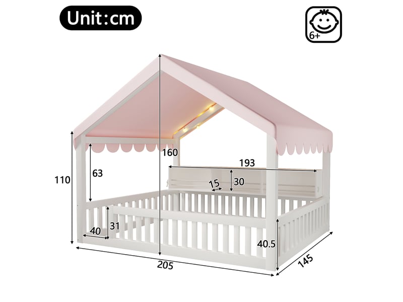  Lit cabane jeune 140x200 cm avec led, étagère et barrières en bois blanc  - Conforama C