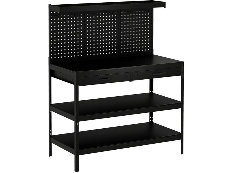  Établi 122x61x156 cm avec panneaux perforés et 2 tiroirs métal et mdf noir  - Conforama A