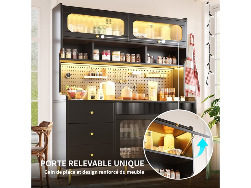  Armoire haute avec porte relevable, led et rangement pour cuisine en mdf 145×39×171 cm noir  - Conforama C