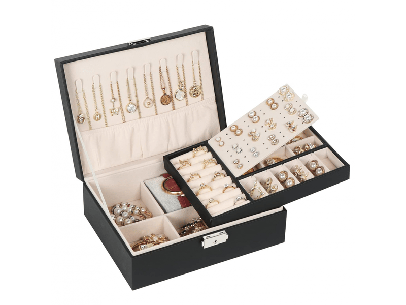  Boîte à bijoux pour femme, coffret à bijoux en cuir verrouillable de 2 couches organisateur à bijoux, petit jewelry stockage cas rangement(noir)  - Conforama A