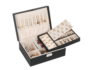 Boîte à bijoux pour femme, coffret à bijoux en cuir verrouillable de 2 couches organisateur à bijoux, petit jewelry stockage cas rangement(noir)