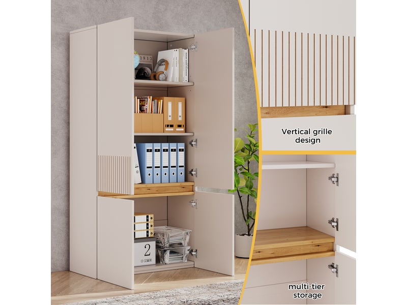  Armoire de rangement haute 80x35x160cm, 1 tablette ajustable, 4 portes à motifs striés, bureau ou entrée, meuble haut pour le séjour  - Conforama E