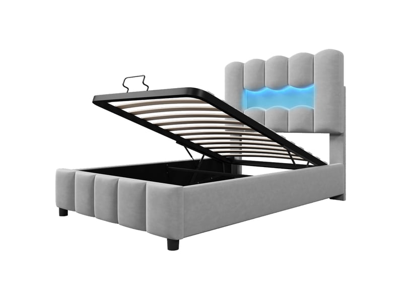Lit rembourré gris 90x200 cm en velours avec led, rangement hydraulique, tête réglable - Conforama D