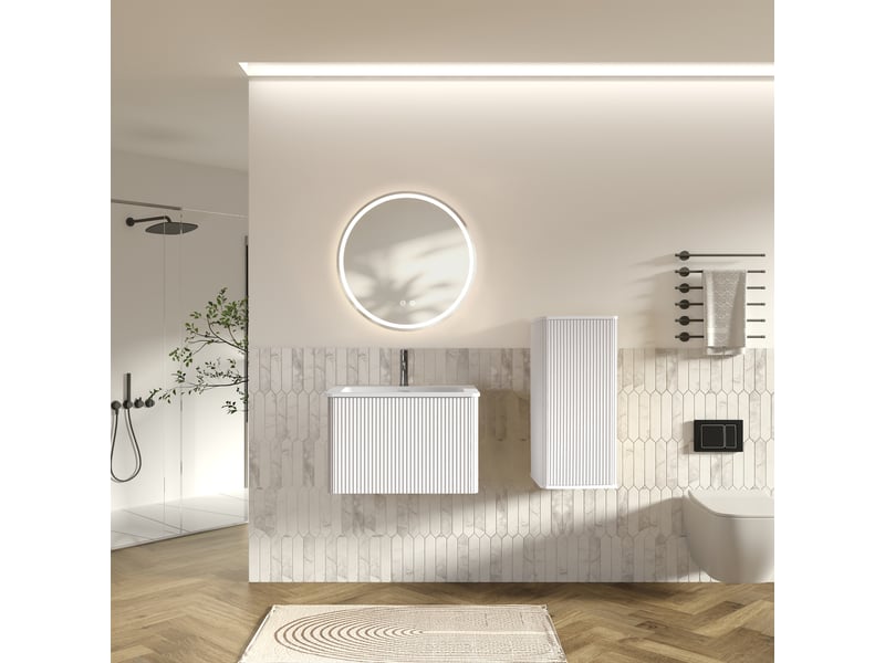  Ensemble meubles salle de bain avec vasque et miroir led réglable - lpospi - rangement mural mdf, verre et résine minérale blanc  - Conforama E