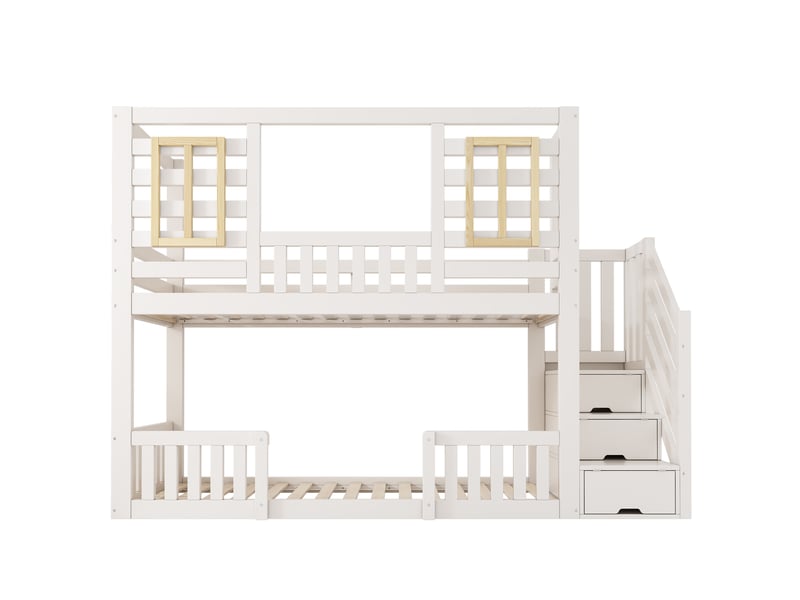  Lit superposé 90x200 cabane enfant en bois avec escalier et rangement - 2 couchages blanc  - Conforama A