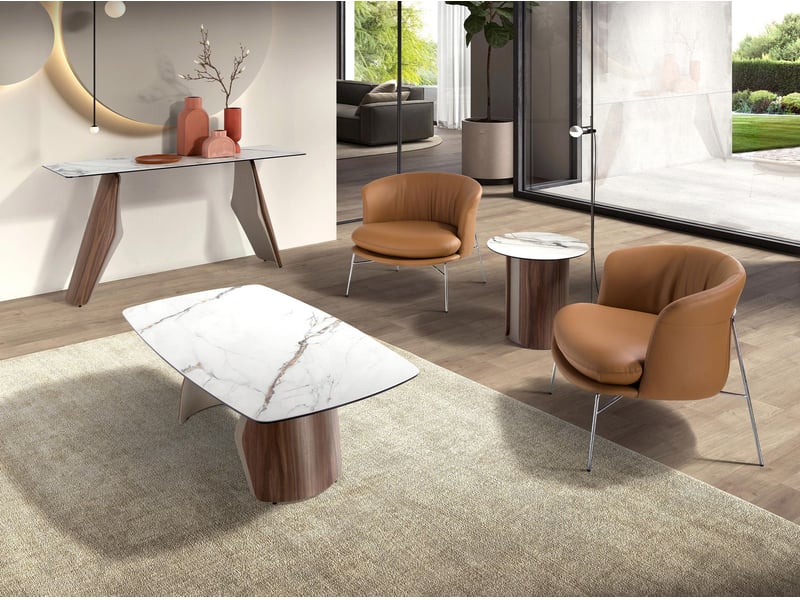 Table basse ovale en marbre porcelainé, acier sable métallisé et noyer  - Conforama D
