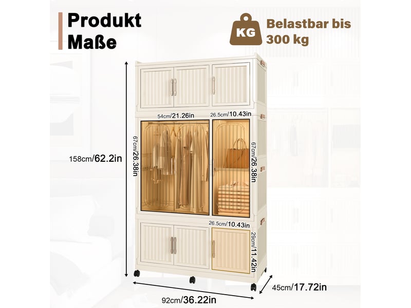  Armoire modulaire pliable à 9 portes magnétiques, penderie et 8 niches sur roulettes pour chambre, polypropylène crème  - Conforama D