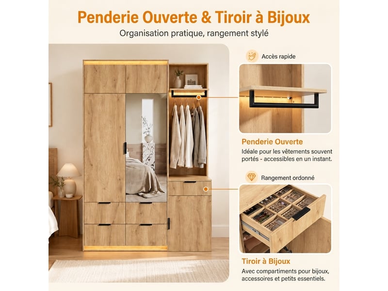  Armoire blanche 180x50x200 cm avec panier à linge intégré et 6 tiroirs  - Conforama R