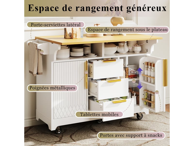 Îlot central de cuisine 120 x 4080 x 95 cm avec plateau extensible, 3 tiroirs et 2 portes, étagères et roulettes, blanc - Conforama D