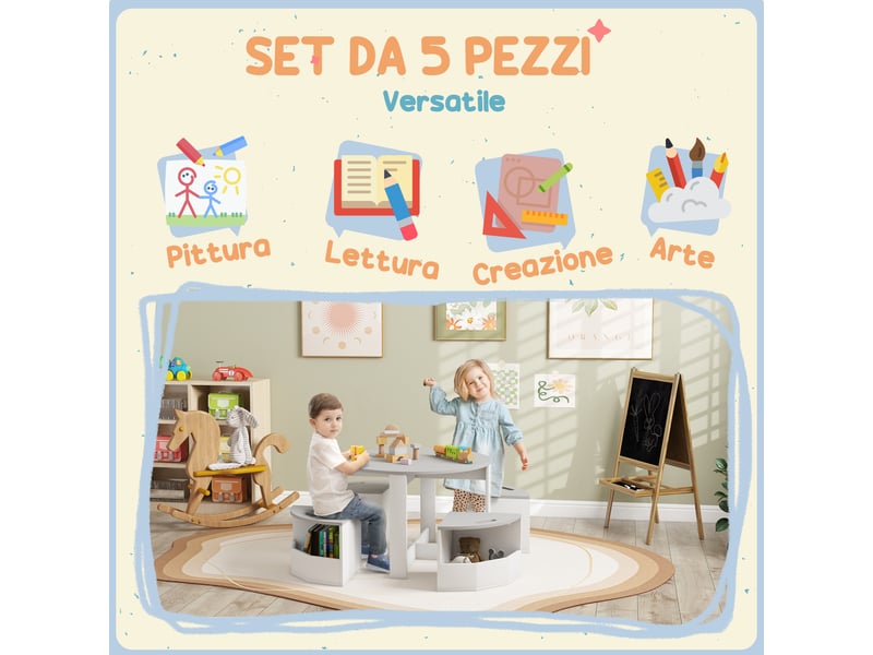 Ensemble table enfant avec 4 tabourets gris 78 x 78 x 49 cm, gain de place - Conforama R