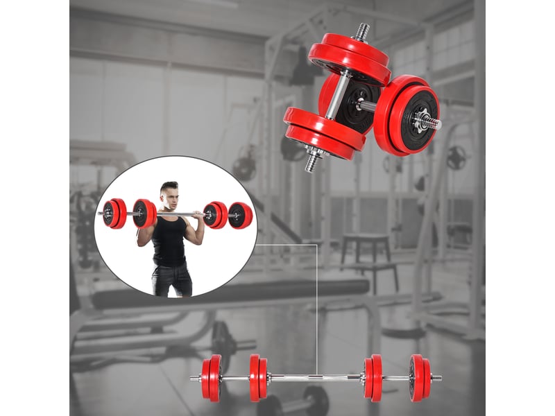  Ensemble haltères réglables 20 kg, 2 en 1, 8 disques, 2 barres, manivelle, musculationhaltérophilie, noirrouge.  - Conforama D