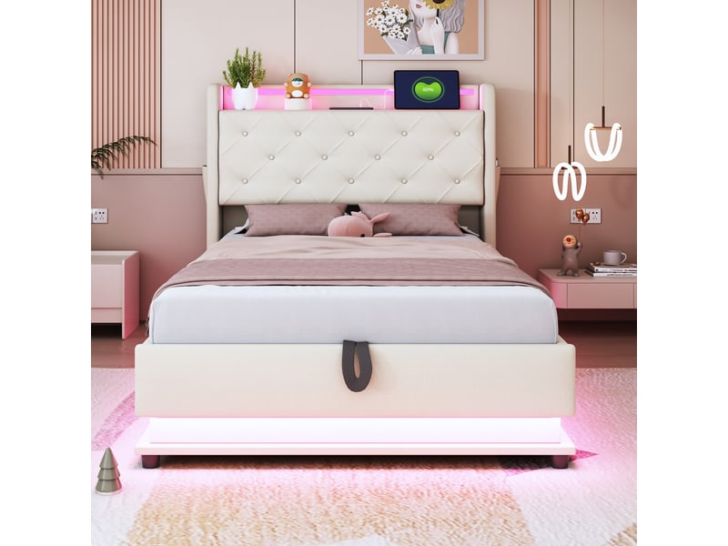 Lit coffre enfant 200×90 cm avec led, rangement dans la tête de lit, 3 ports usb et 1 port usb-c, en lin beige - Conforama C