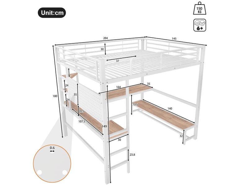 Lit mezzanine 140x200 cm coloris blanc led métal lit enfant blanc - Conforama C