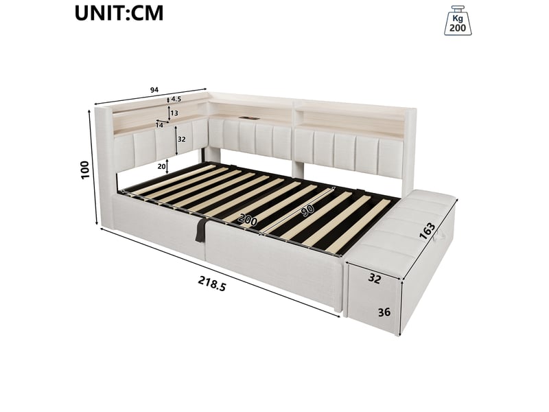  Lit banquette coffre 90 x 200 cm, rangement hydraulique, module latéral réversible, prise, port usb et led, sans matelas, tissu lin beige evarich - Conforama C