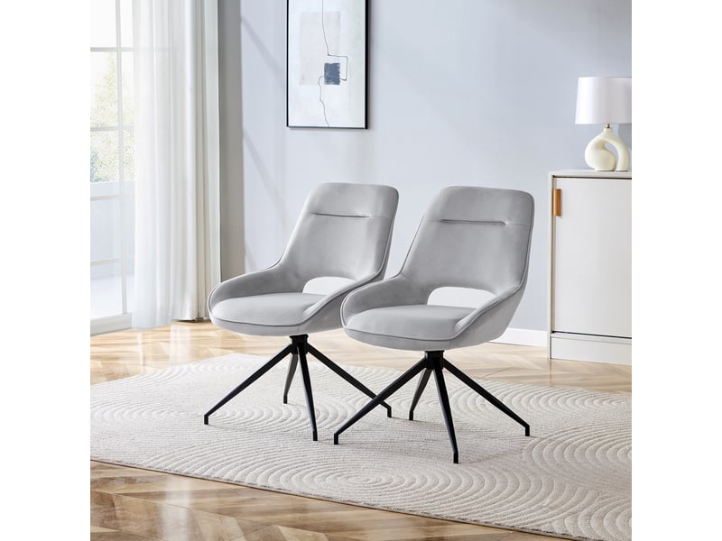  Chaise de salle à manger pivotante 360° lot de 2 avec assise rembourrée, en velours gris clair et métal noir  - Conforama B
