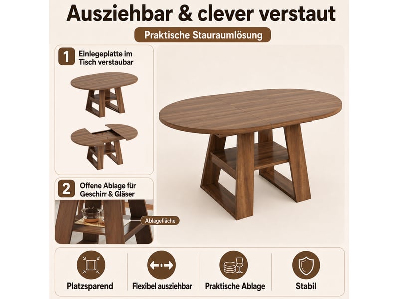  Table à manger extensible 110150x110 cm avec rangement coloris noyer  - Conforama E