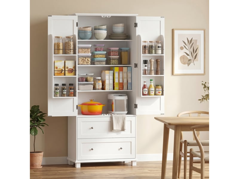  Buffet haut armoire de cuisine garde-manger 2 portes 2 tiroirs 6 racks étagères réglables 80x39,5x184,5cm blanc T1003-01-18954 - Conforama D