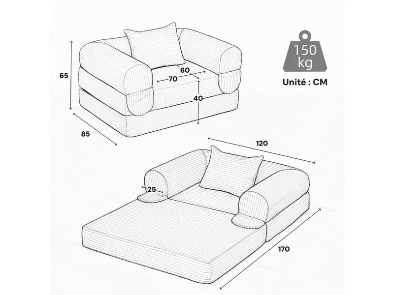  Fauteuil convertible en lit sans montage  - coussin, velours côtelé rembourré noir 33 × 33 × 95 cm  - Conforama E