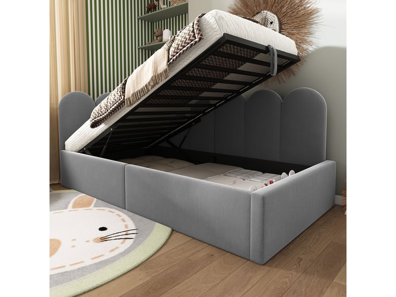  Lit coffre enfant 90x200 cm, sommier à lattes métalliques, en velours, gris, sans matelas  - Conforama B
