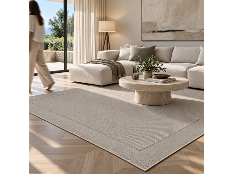  The white stone tapis extérieur avec bordure 200x290 cm gris | pour intérieur et extérieur, résistant aux uv et à l'eau, lavable | tapis en polypropylène tissé à plat effet sisal  - Conforama E