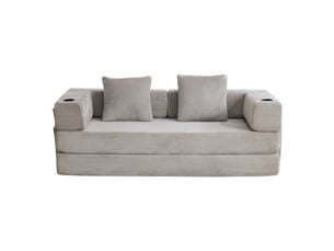 Canapé de sol corda, gris clair, convertible en lit, porte-gobelet, poche latérale, tissu velours côtelé