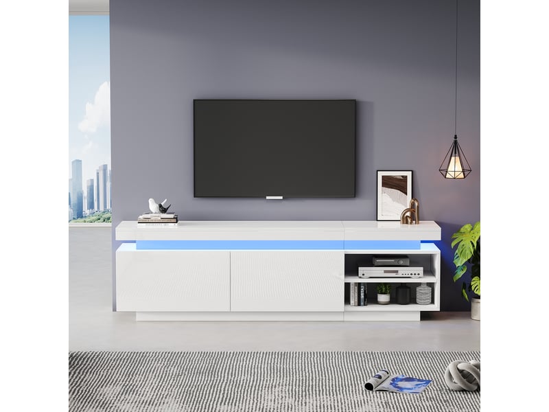  Meuble tv blanc brillant avec led 170 cm, banc tv moderne laqué pour écran 70 pouces, 2 portes  - Conforama C