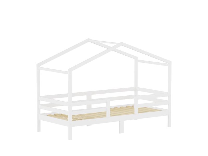  Lit cabane enfant blanc 90x200 cm en pin massif avec toit et barrières de sécurité  - Conforama E