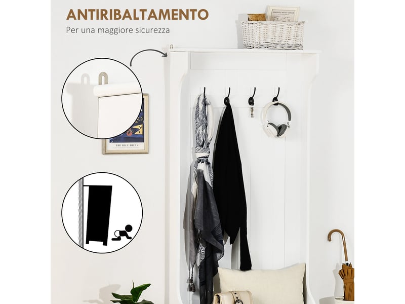  Vestiaire d'entrée avec banc de rangement en bois mdf blanc 4 crochets 71.5x39.5x170 cm  - Conforama E