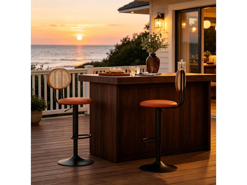  Tabourets de bar lot de 2 réglables avec dossier, rotation 360° et repose-pieds, en rotin synthétique noir et marron  - Conforama E