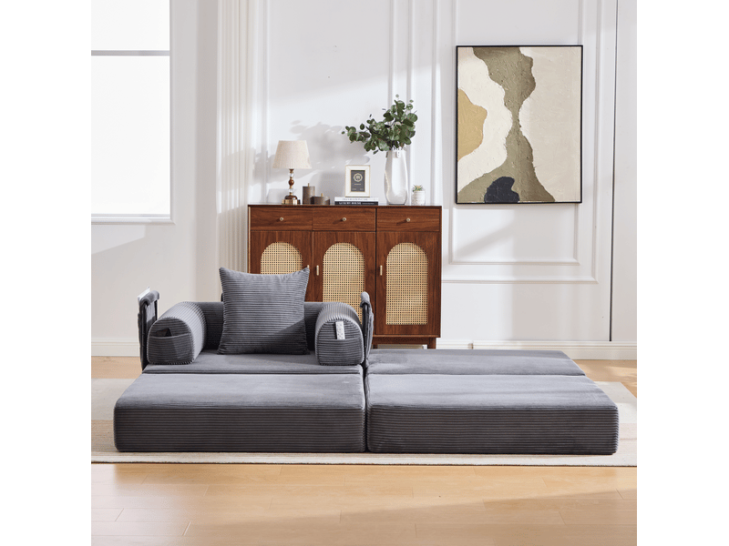 Fauteuil modulable modenvie 1 place avec pouf velours côtelé gris foncé 112 x 190 x 67 cm - Conforama E