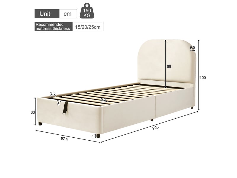  Lit coffre enfant 90x190cm - avec tête de lit rembourrée - avec espace de rangement - tissu bouclé - beige (matelas non inclus)  - Conforama C
