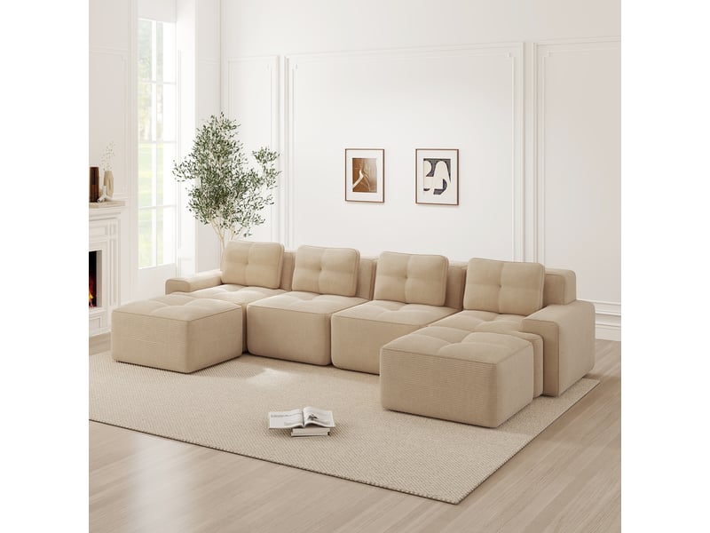 Canapé d'angle convertible 4 places en velours côtelé beige, 382 x 177 x 69 cm, sans armature, sans montage, livré compressé, assise profonde CARDUME ESTIVAL - Conforama B
