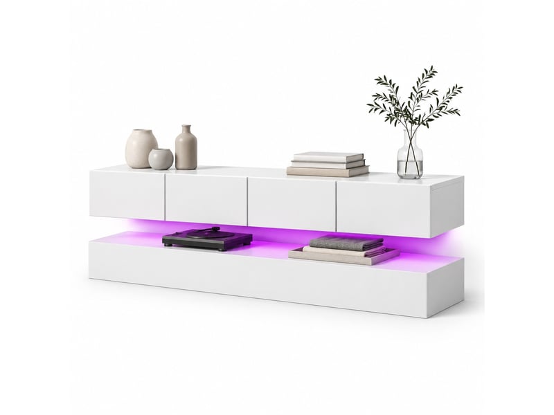  Meuble tv mural avec 2 portes et 4 tiroirs, led contrôlée par application, pour salon, mdf, blanc  - Conforama A