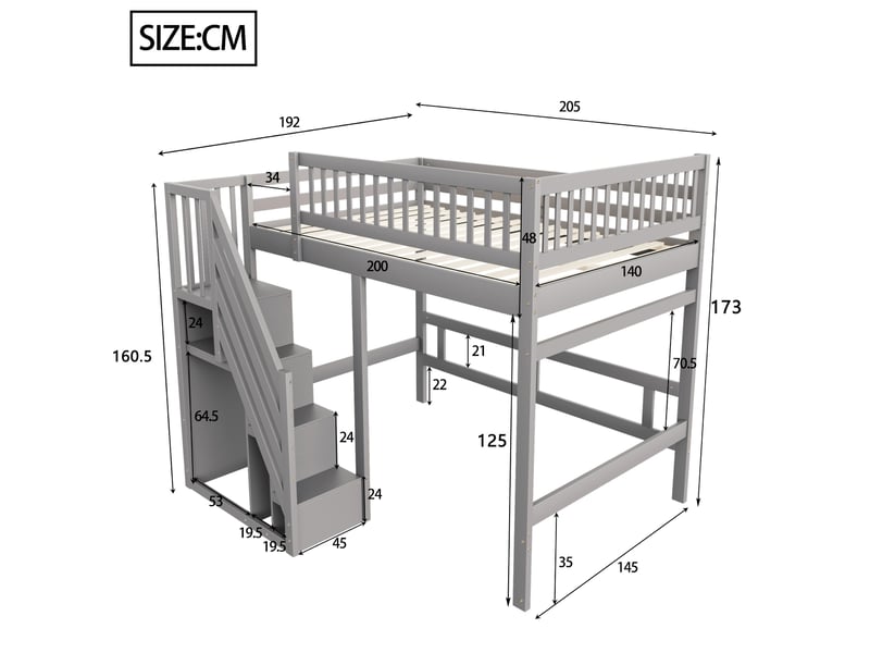  Lit mezzanine 140x200 cm, cadre de lit double en bois massif, lit enfant avec placard de rangement, gris  - Conforama W