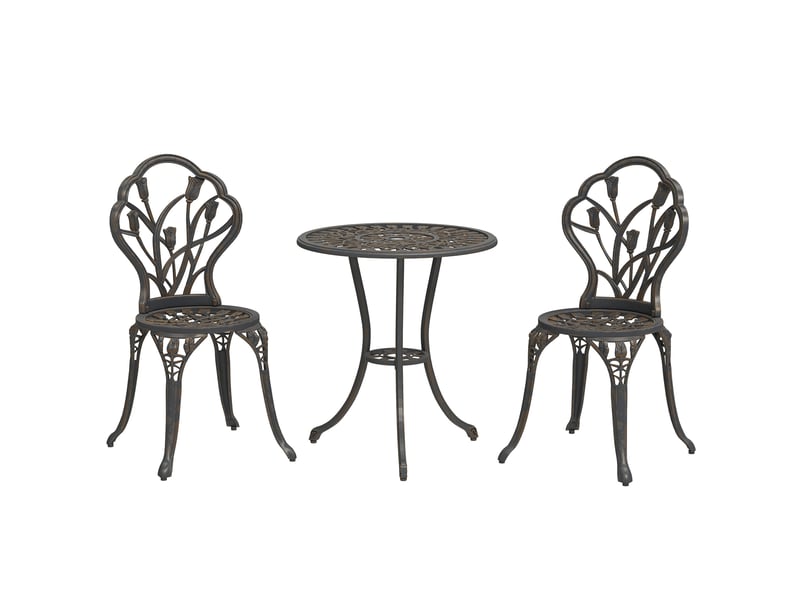  Ensemble de jardin 3 pièces comprenant 2 chaises et une table ronde avec trou pour parasol, bronze  - Conforama B