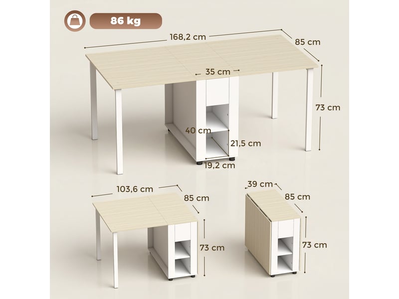  Table à manger pliante pour 6 personnes 39-168 cm, table de cuisine avec 2 tiroirs et 4 étagères ouvertes, blanc  - Conforama E