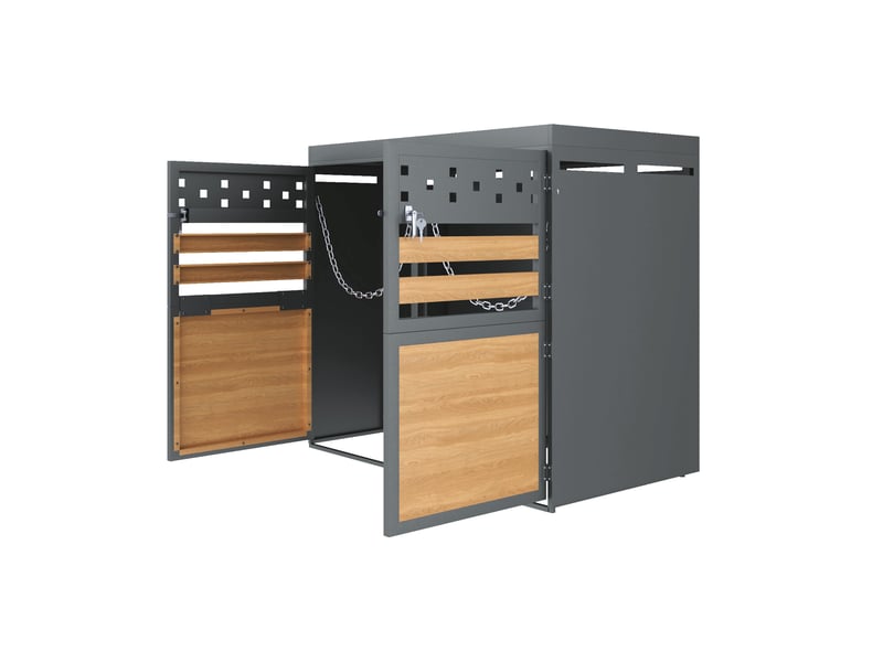  Cache-poubelles 2 bacs 120-240 l anthracite, toit végétalisable, portes effet bois  - Conforama E