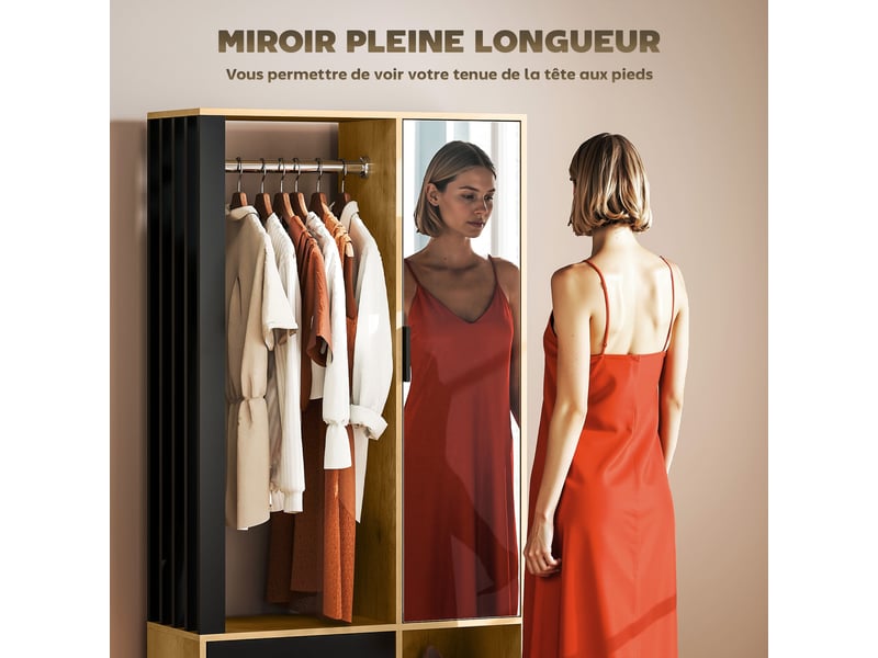  Armoire chambre penderie avec miroir, compartiments ouverts, placard et tringle de suspension, 80 x 30 x 170 cm, naturel  - Conforama E