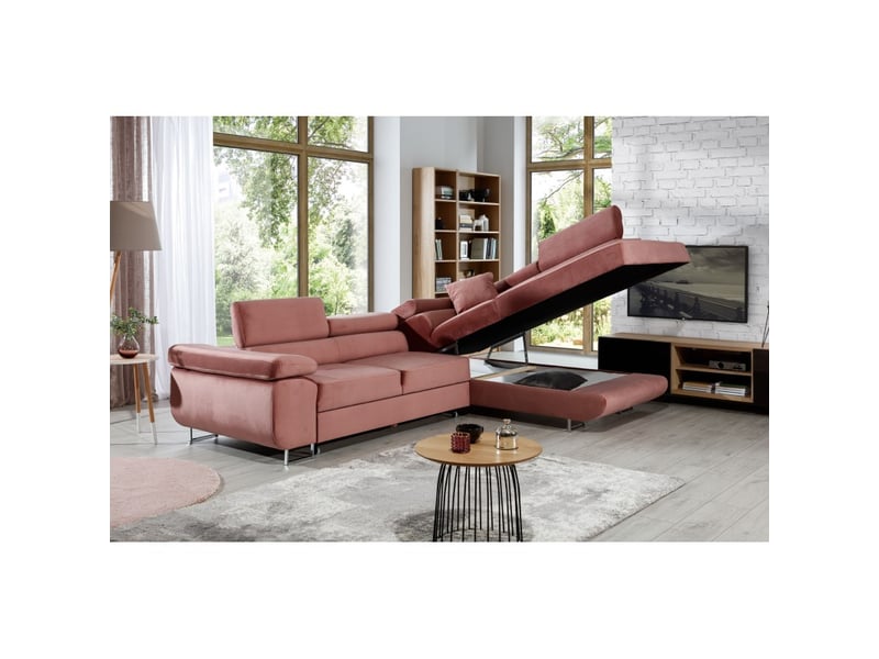 Canapé d'angle convertible menton rose velours – angle droit avec coffre - Conforama E
