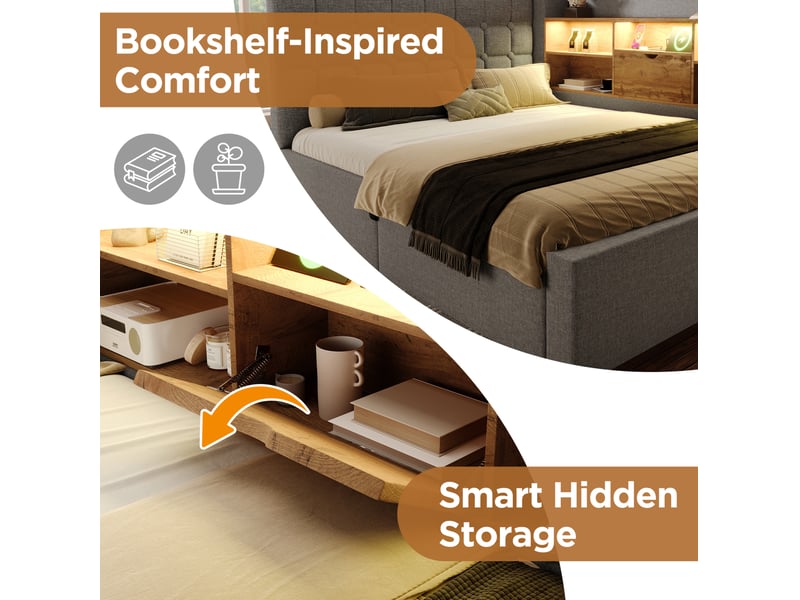  Lit coffre 90x200 cm, avec éclairage led, rangements cachés, tête de lit réversible, lin gris, ports usb, sans matelas  - Conforama D
