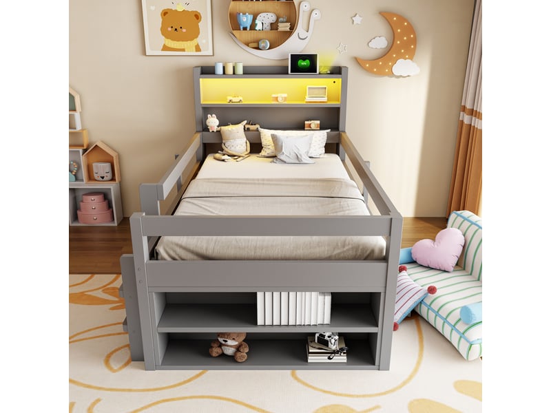 Lit enfant multifonction 90x200 cm avec étagères, placards coulissants et rangements, lit en bois avec led et ports usb, gris OPULERANE TRADING LTD - Conforama B