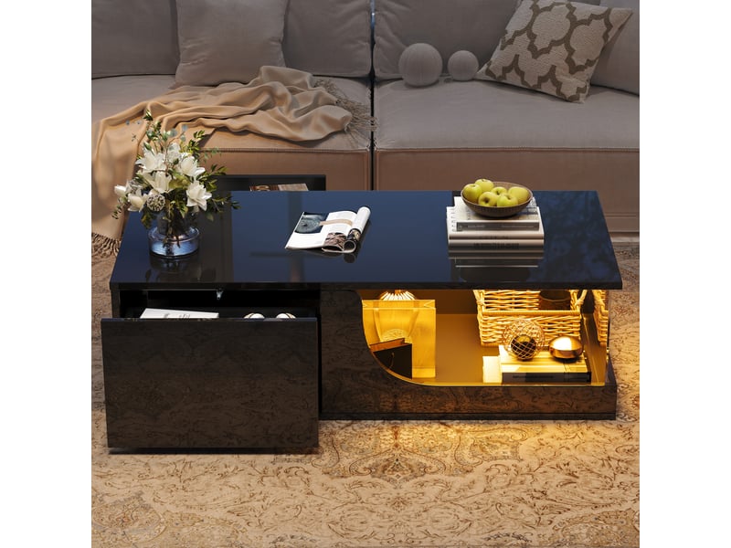  Table basse design noire - 2 tiroirs - haute brillance - verre trempé - led contrôlables - mdf 100x50x30cm - Conforama A