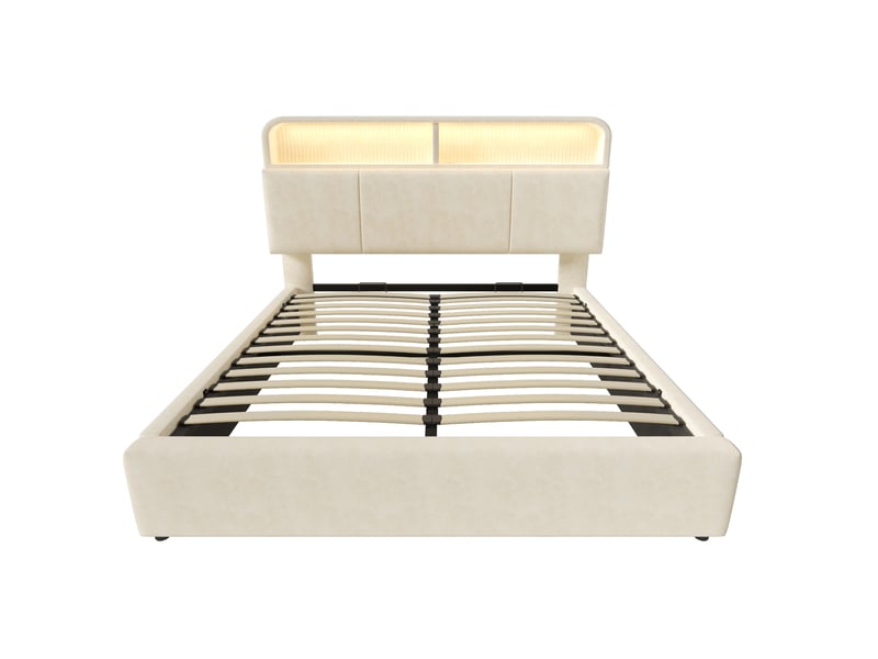  Lit coffre, lit double 140x200 cm, rangement hydraulique, tête de lit avec rangement, led, usbusb-c, matelas inclus, velours beige  - Conforama B